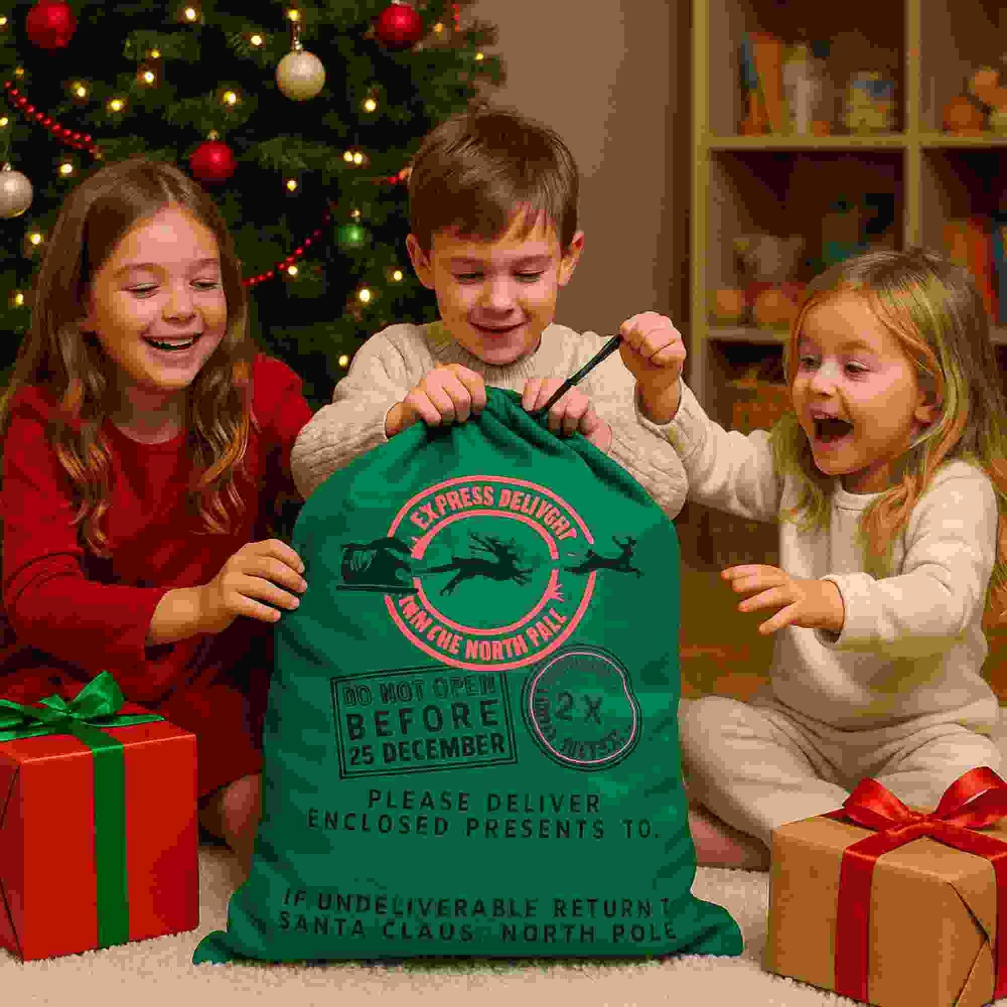 Green Canvas Santa Sack with happy Kids around in a cozy Christmas Night